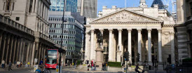 Daytime exterior view of the main branch of the Bank of London in downtown London