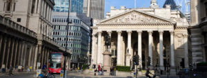 Daytime exterior view of the main branch of the Bank of England in downtown London