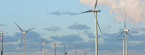 Daytime view of several wind turbines at a wind farm