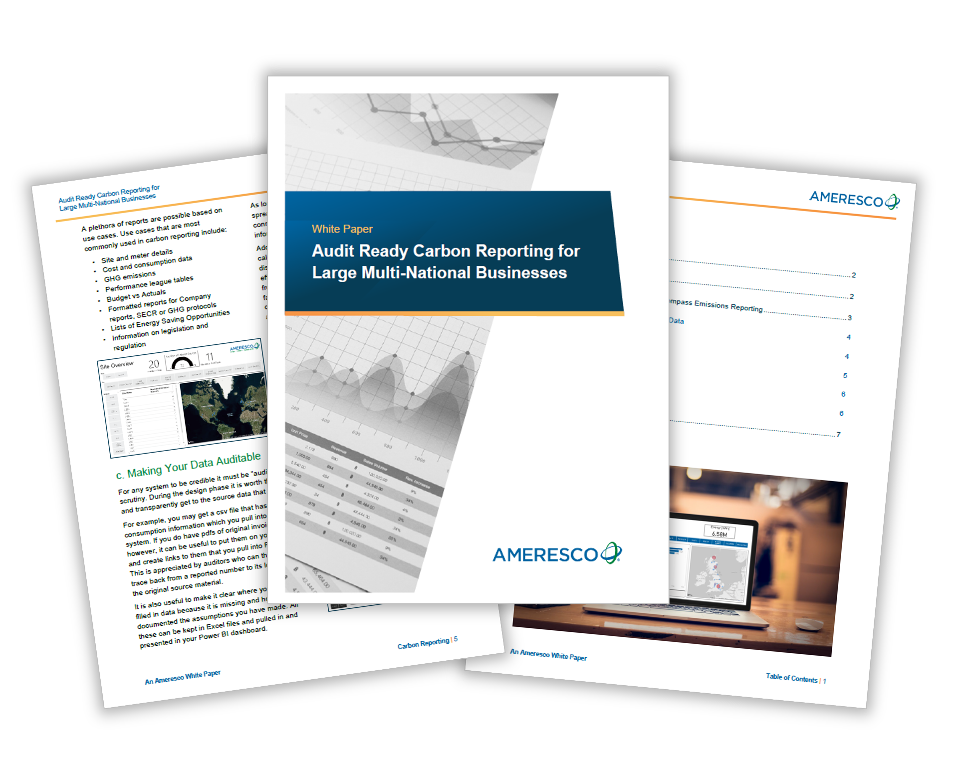 Images of the cover, table of contents and an interior page for the Ameresco White Paper "Audit Ready Carbon Reporting for Large Multi-National Businesses"