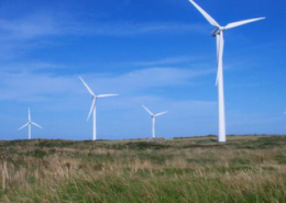 Daytime view of wind turbines in Ireland at Beale HIll Wind Farm