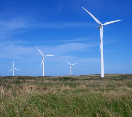 Daytime view of wind turbines in Ireland at Beale HIll Wind Farm
